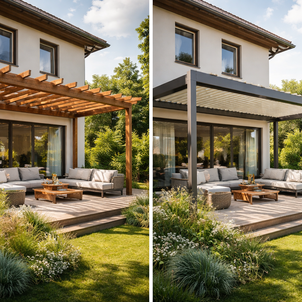 Lesena ali aluminijasta pergola primerjava 2026: kaj se v praksi res obnese na terasi